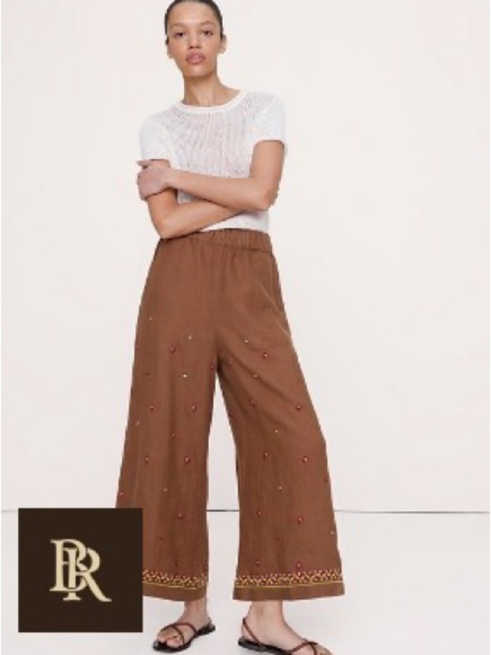 Banana Republic Rust Brown Floral Embroidered Cropped Pants